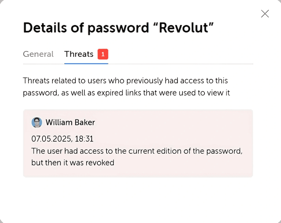 Passwork security dashboard: a password flagged because a user whose access was revoked had seen it